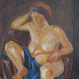 Acrylgemälde einer liegenden Frau in kräftigen in Gelb- und Blautönen 